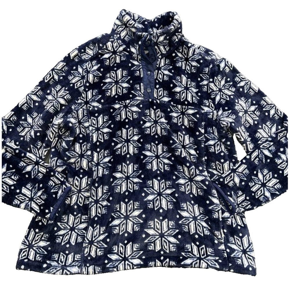 Lands End Women's Navy Blue And White Snowflake Quarter Zip Fleece XL A011374
